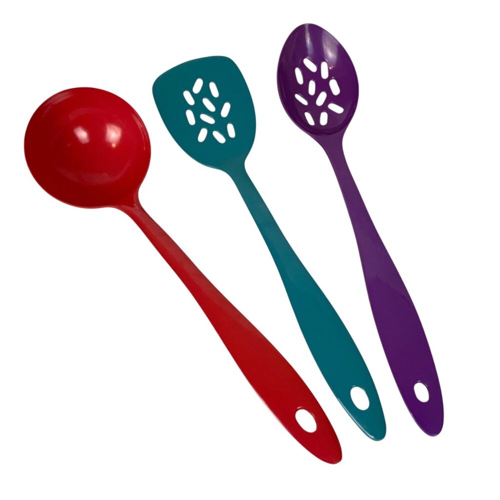 Colorful Cooking Utensils Set Red Ladle Teal Slotted Turner Purple Slotted Spoon